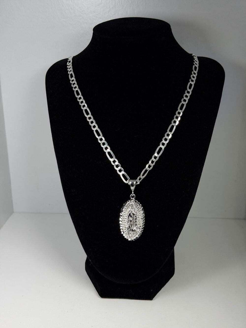 925 Sterling Silver Virgin Mary Guadalupe Pendant Necklace 26 Inch Figaro Chain